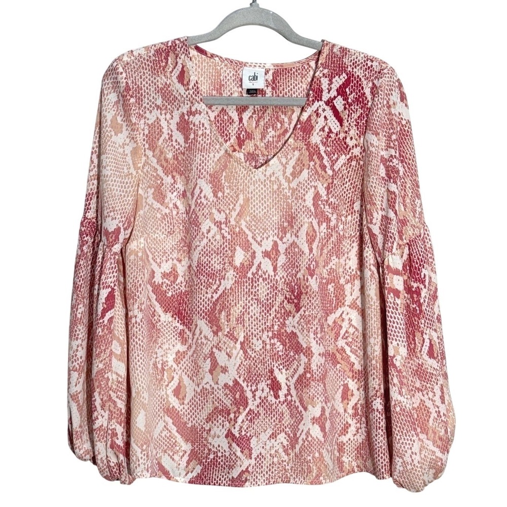 Cabi Pink Snakeskin Print V-Neck Blouse Womens Size S Casual Office Sheer
